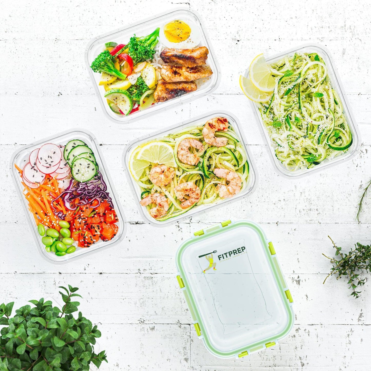 Vier FITPREP Glasbehälter gefüllt mit verschiedenen frischen Mahlzeiten auf weißem Untergrund, daneben ein leerer Behälter mit FITPREP Logo.