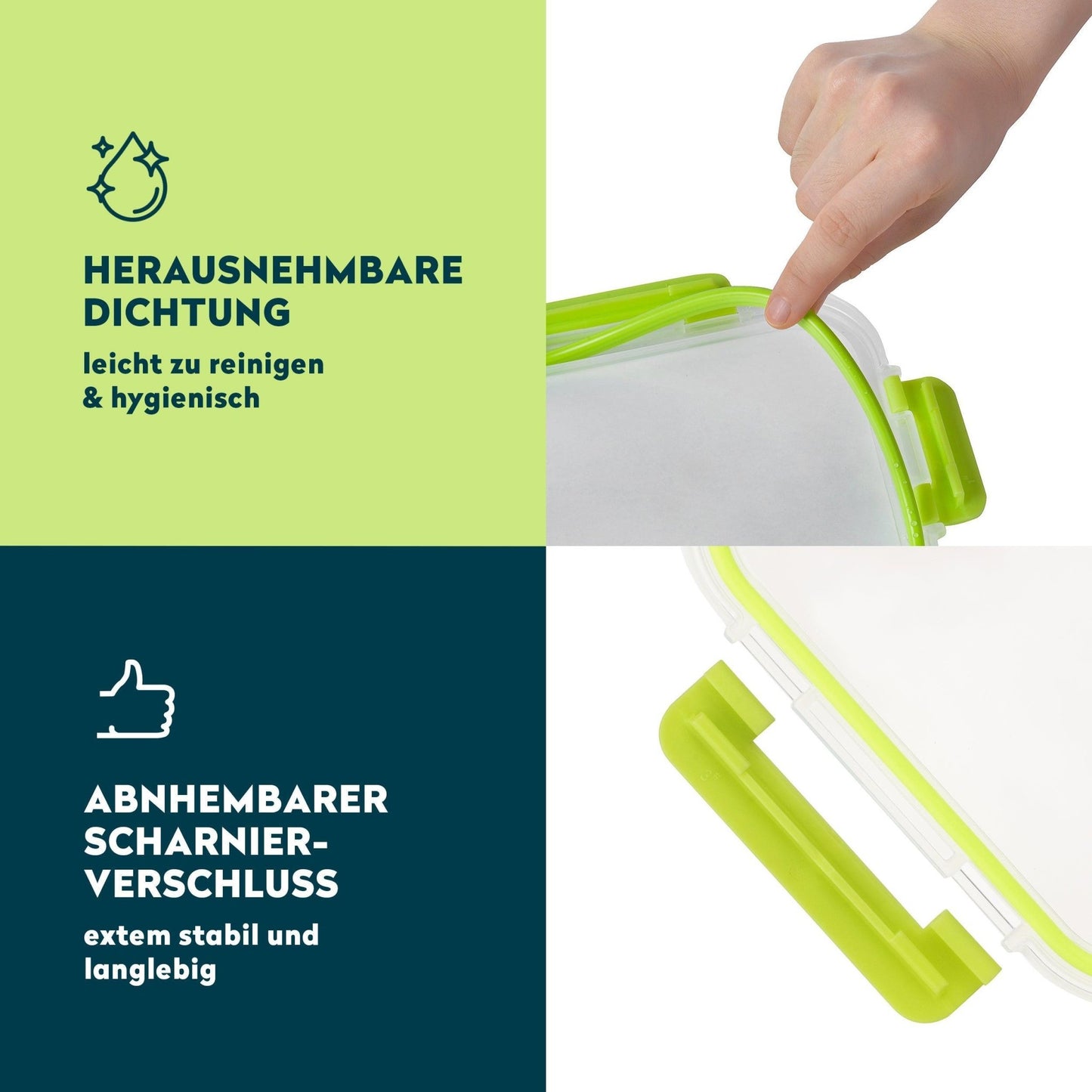 Detailansicht einer herausnehmbaren Silikondichtung und des abnehmbaren Scharnier-Verschlusses an einem FITPREP Glasdeckel.