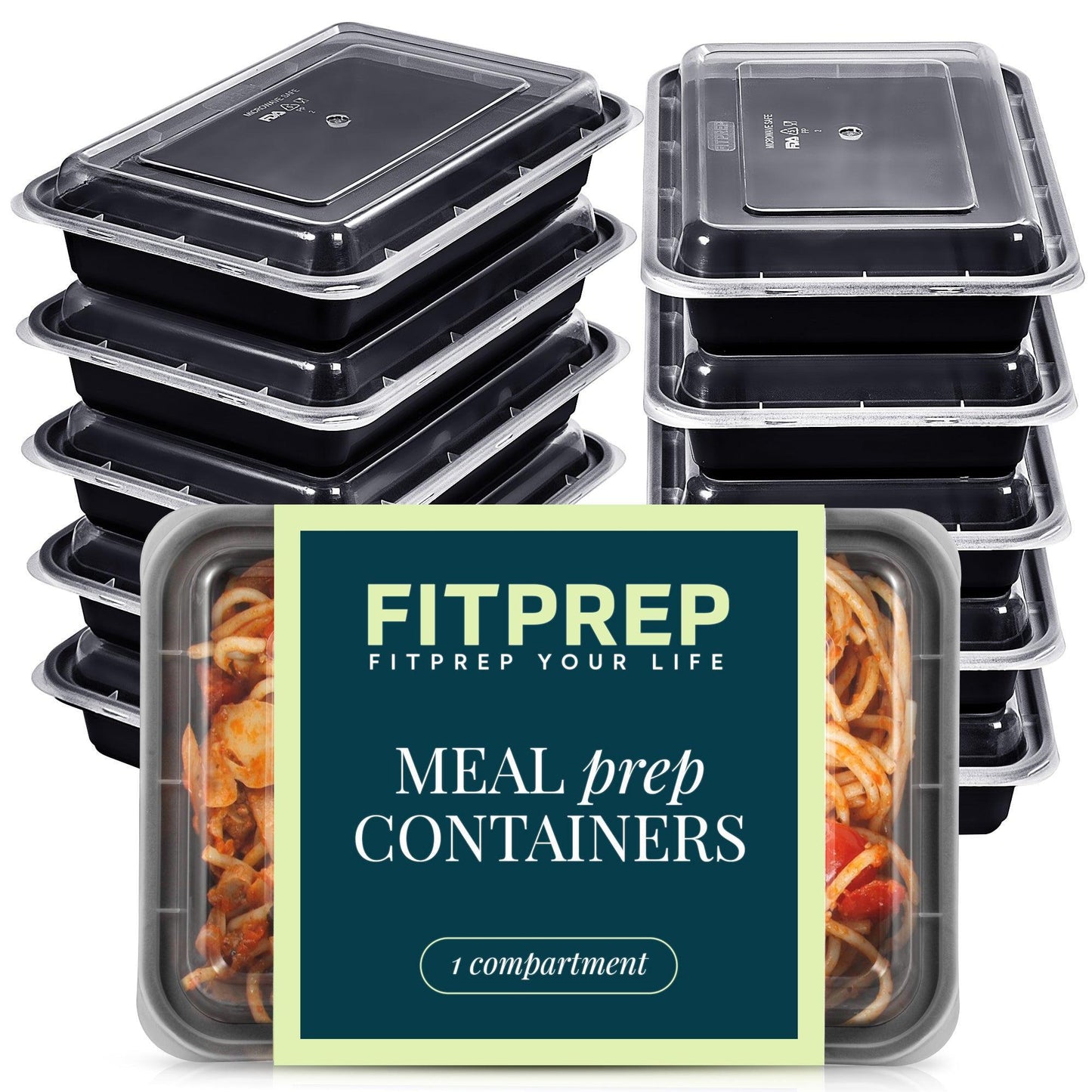 Zwei gestapelte Türme mit jeweils fünf schwarzen FITPREP Meal Prep Behältern inklusive transparentem Deckel, vorne ein Etikett mit Produktname „Meal prep Containers – 1 compartment“ und Spaghetti in einem Behälter sichtbar.