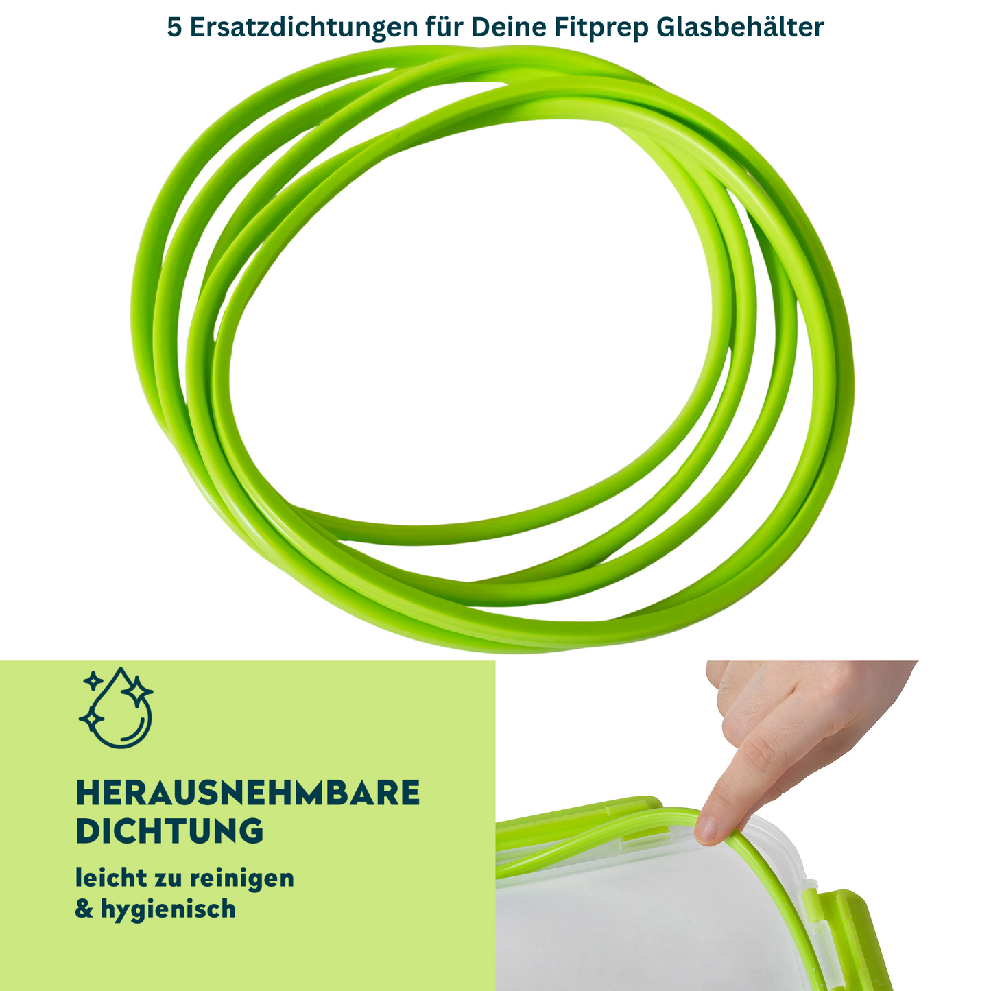 Fünf grüne Ersatzdichtungen für FITPREP Glasbehälter. Darunter ein Bild einer Hand, die die grüne Dichtung aus dem Deckel eines Glasbehälters entfernt, mit Hinweis auf hygienische Reinigung.