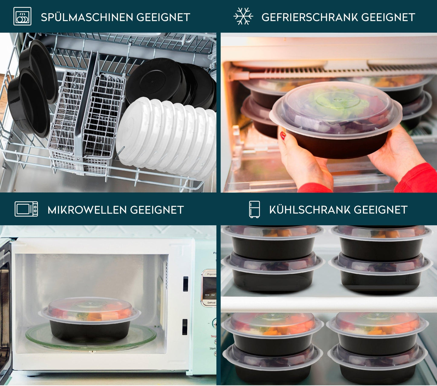 Vier Anwendungsbilder der FITPREP Rundbehälter: in der Spülmaschine, im Gefrierschrank, in der Mikrowelle und im Kühlschrank. Piktogramme bestätigen Eignung für Spülmaschine, Gefrierschrank, Mikrowelle und Kühlschrank.