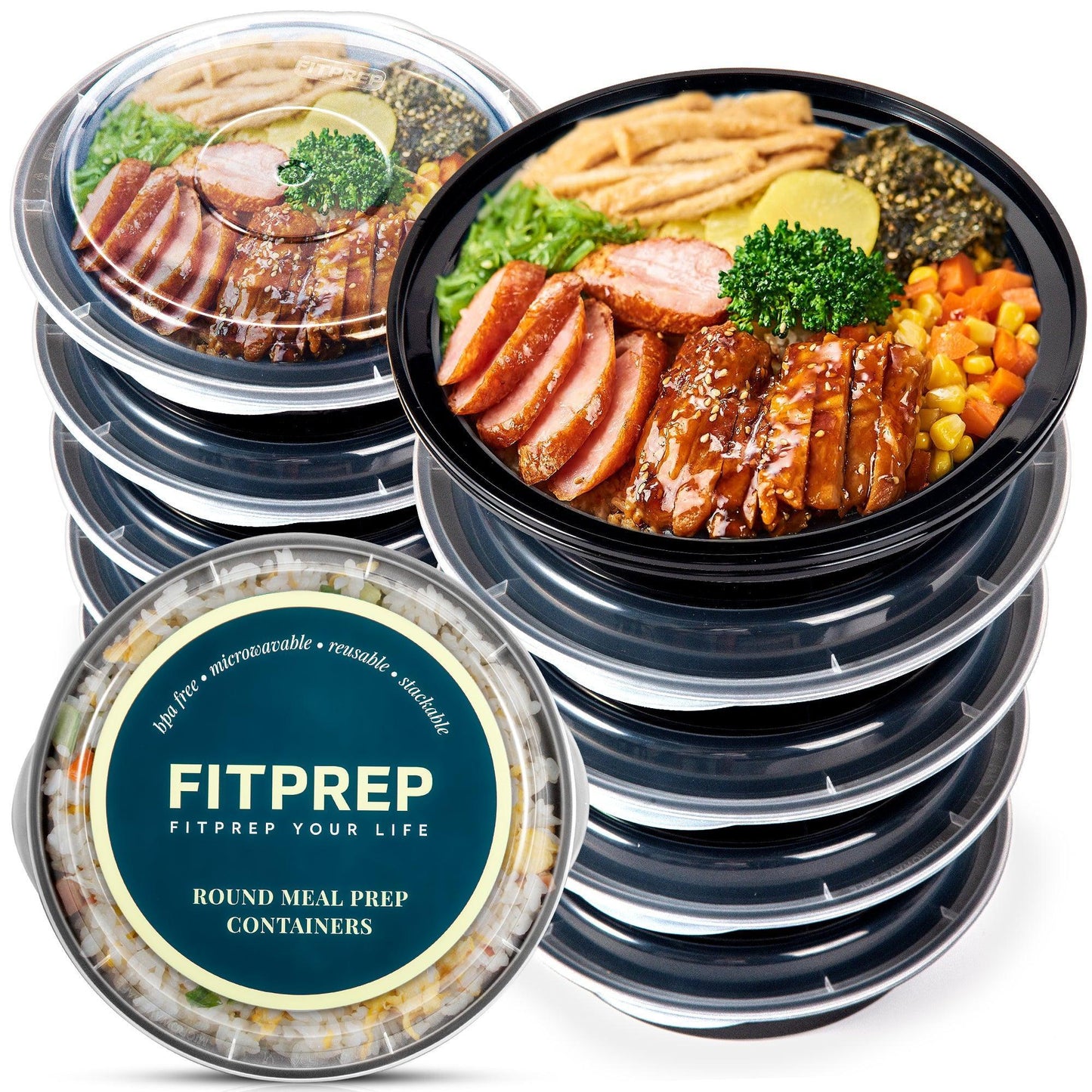Zehn runde FITPREP Meal Prep Behälter mit transparentem Deckel, gestapelt in zwei Türmen. Der obere Behälter zeigt ein bunt angerichtetes Gericht mit Entenbrust, Gemüse und Reis. Im Vordergrund: Produktdeckel mit Aufschrift „Round Meal Prep Containers“.