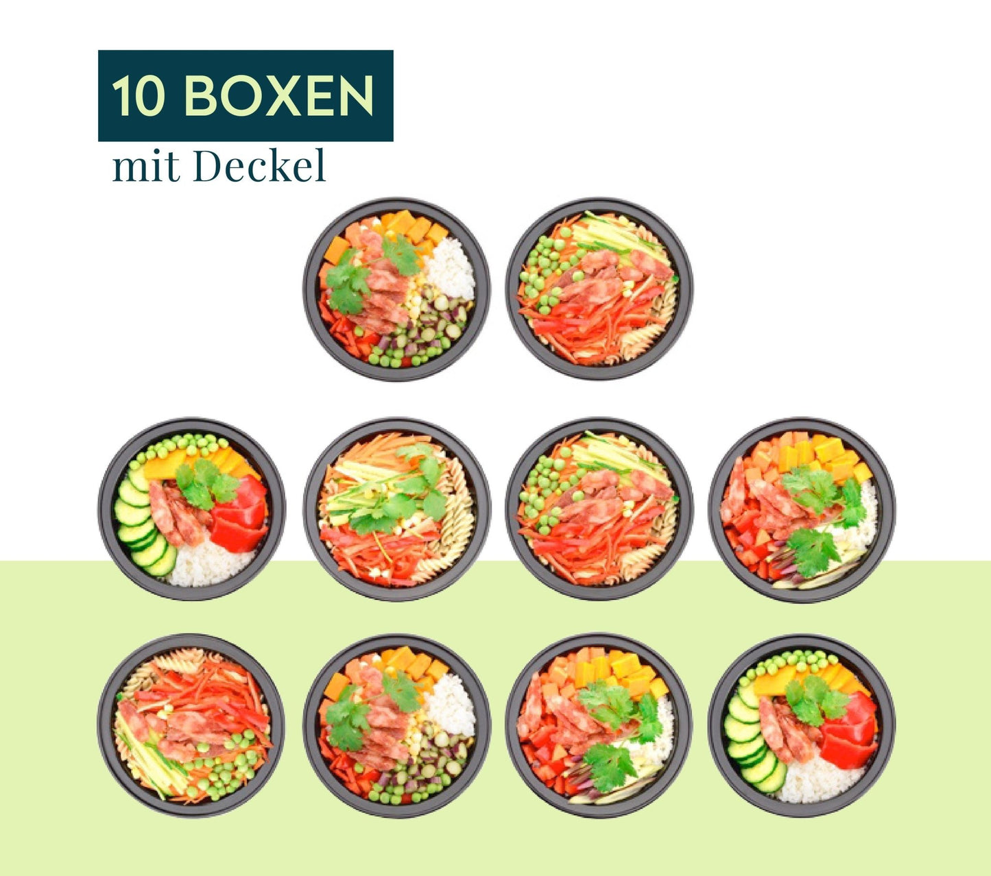 Zehn gefüllte runde FITPREP Behälter von oben, angeordnet in Dreiecksform. Alle enthalten farbenfrohes Gemüse, Reis und Fleisch. Text: „10 Boxen mit Deckel“.