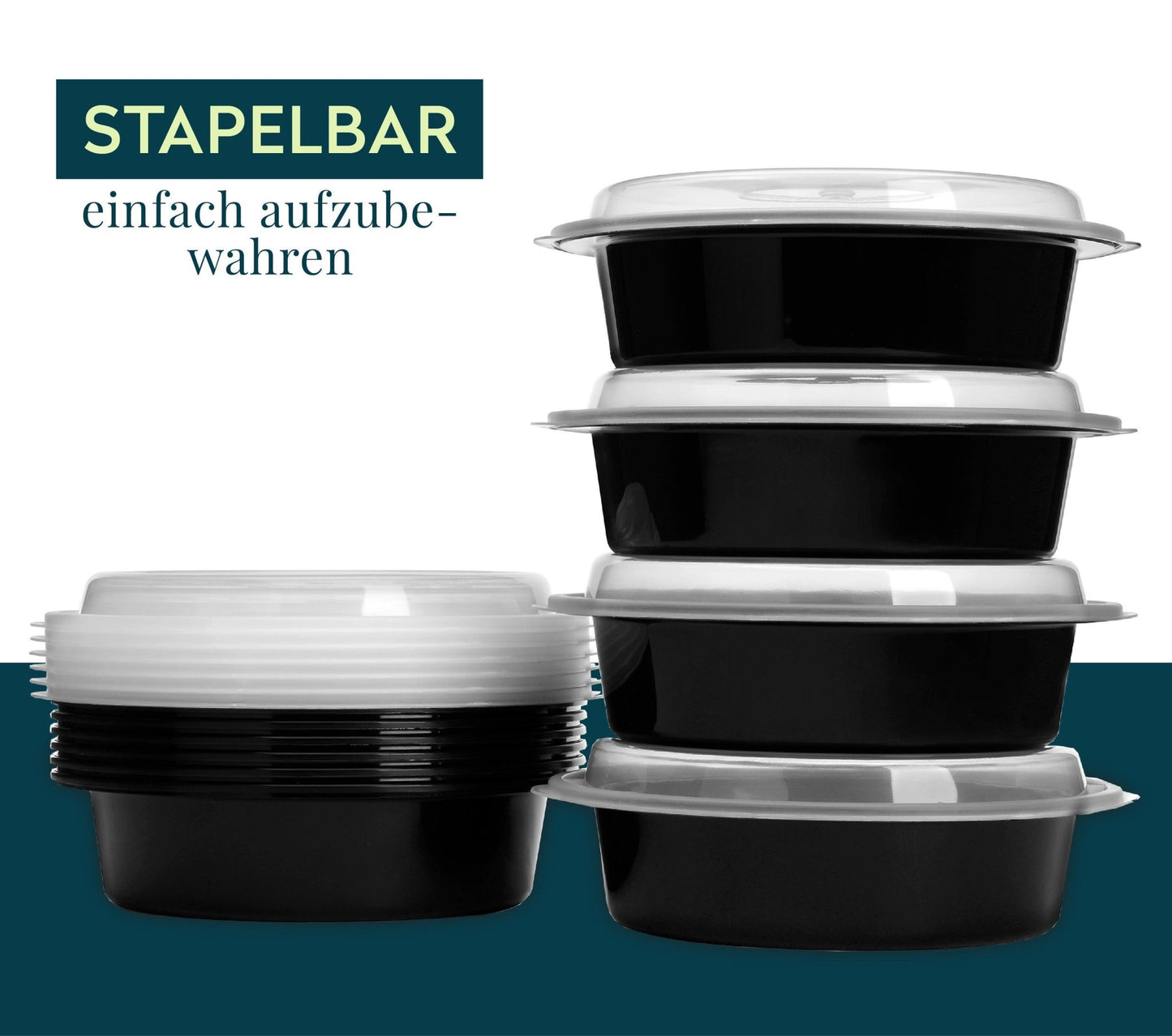 Runde FITPREP Behälter mit Deckel ordentlich gestapelt. Auf der linken Seite ein kompakter Stapel, rechts vier übereinander gestapelte Einzelboxen. Text: „Stapelbar – einfach aufzubewahren“.
