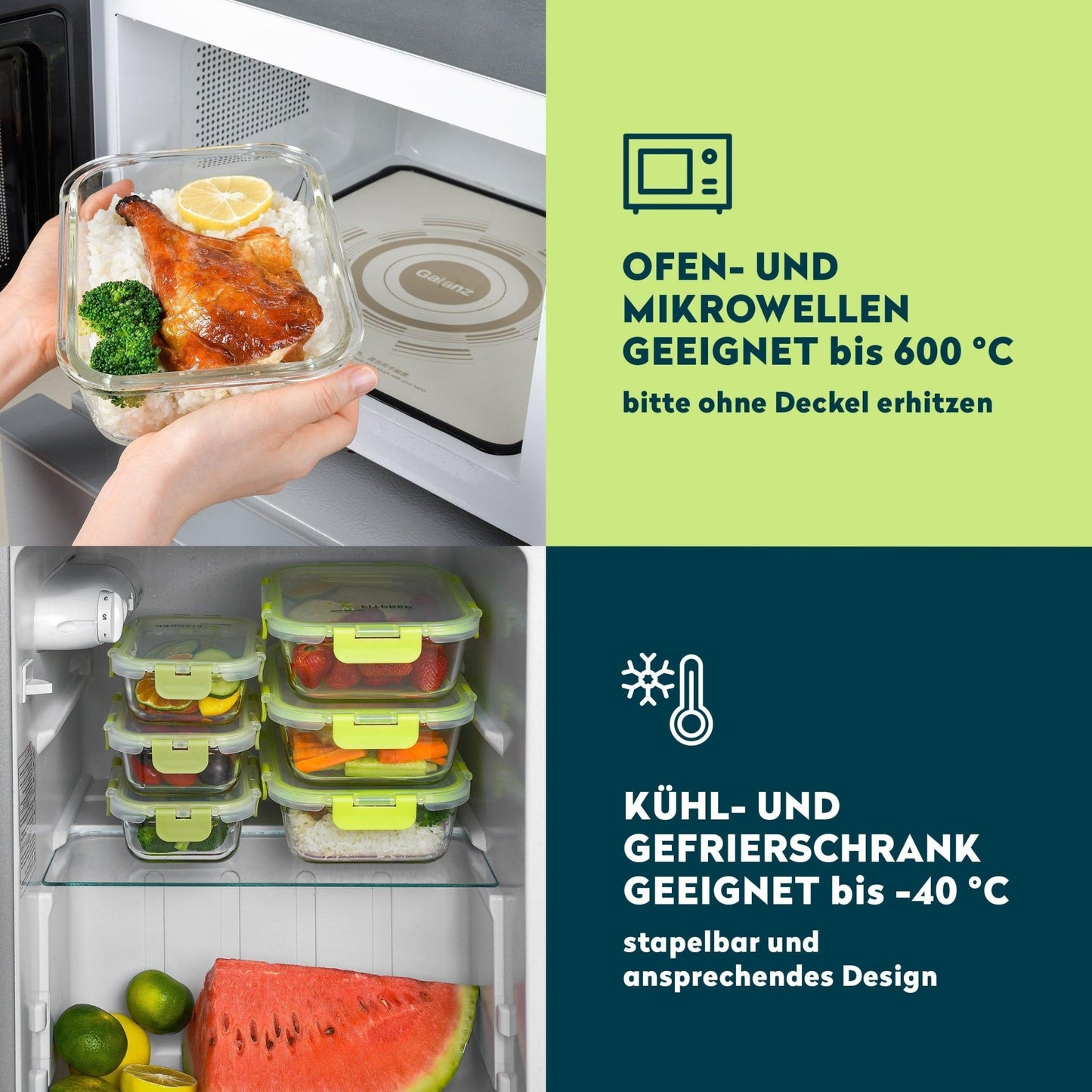 FITPREP Glasbehälter im Einsatz: Essen wird in der Mikrowelle erhitzt und mehrere Behälter ordentlich im Kühlschrank gestapelt.