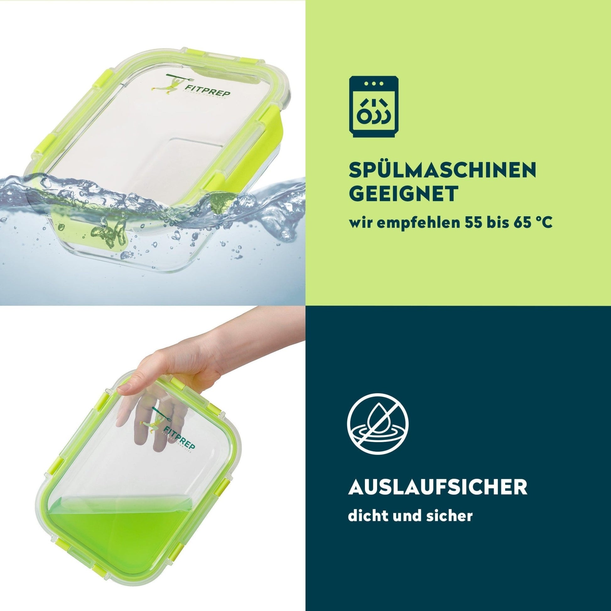 FITPREP Glasbehälter in Wasser eingetaucht und in geneigter Position, um die Auslaufsicherheit zu demonstrieren.