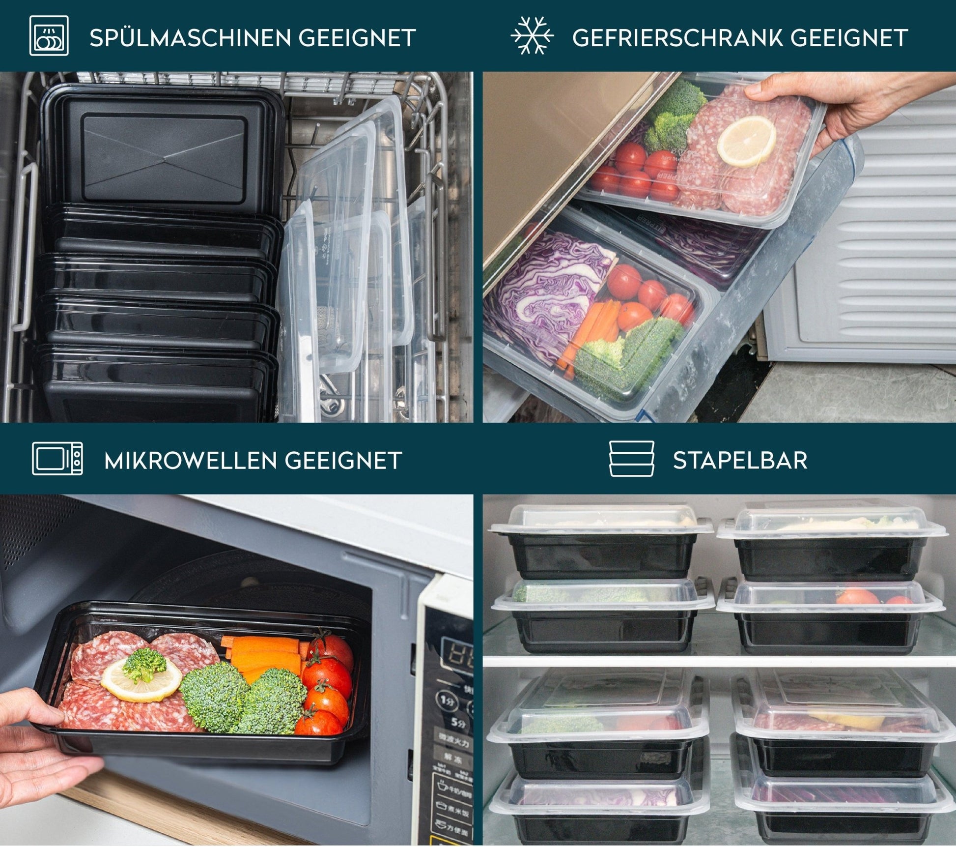 Vier Anwendungsbilder der FITPREP Meal Prep Boxen: in der Spülmaschine, im Gefrierschrank, in der Mikrowelle und ordentlich gestapelt im Kühlschrank. Piktogramme zeigen: spülmaschinengeeignet, gefrierschrankgeeignet, mikrowellengeeignet, stapelbar.