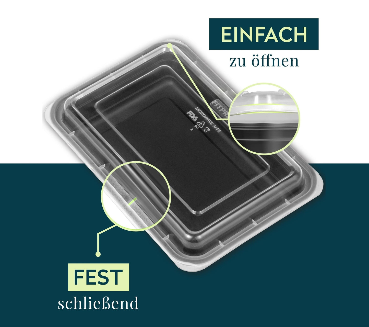 Nahaufnahme eines verschlossenen FITPREP Behälters mit transparentem Deckel, hervorgehobene Details zeigen die fest schließende Kante und die einfache Öffnung.