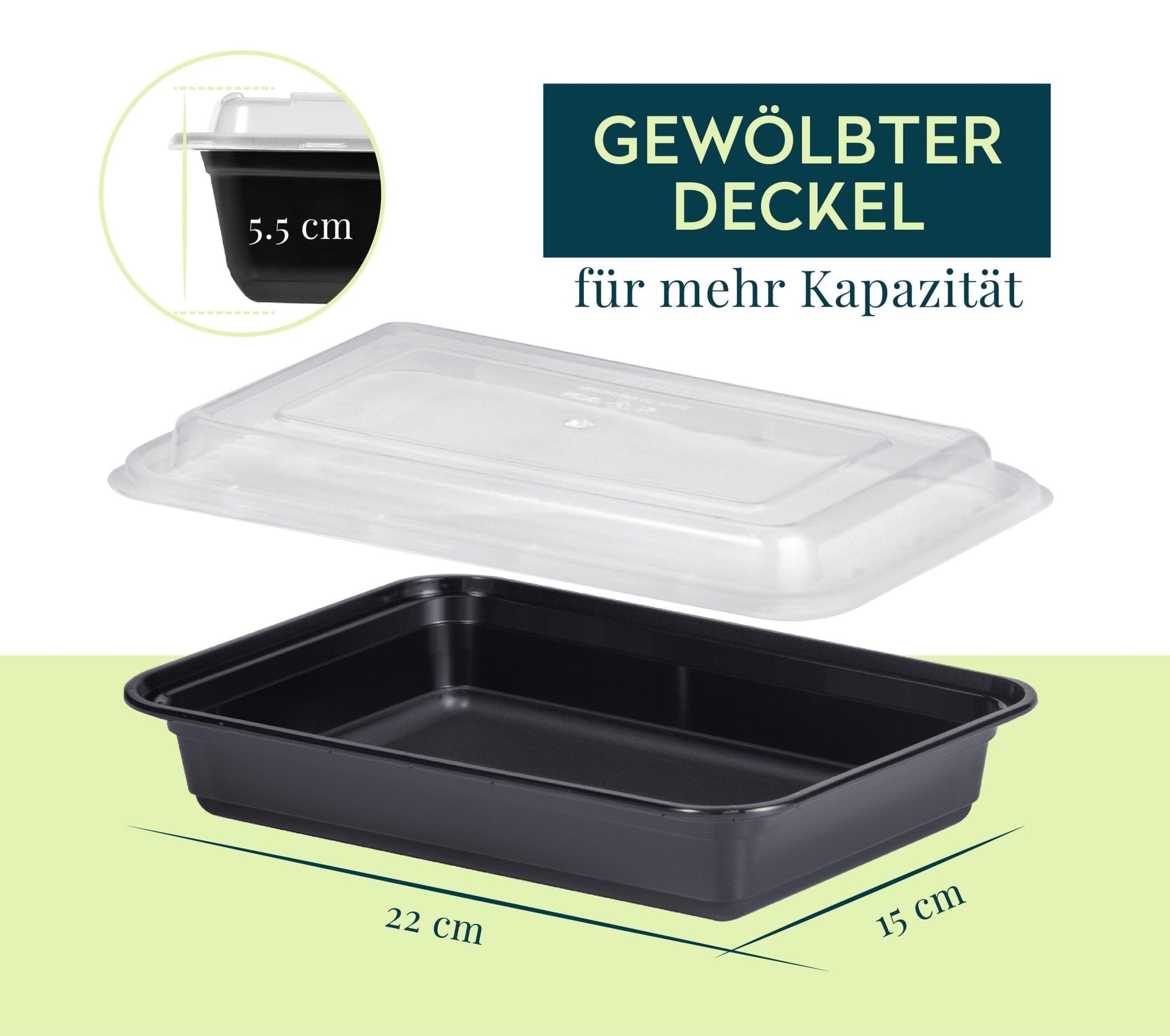 FITPREP Meal Prep Behälter mit gewölbtem Deckel zur Volumenerweiterung. Höhe des Behälters 5,5 cm, Maße 22 cm x 15 cm – ideal für größere Portionen.
