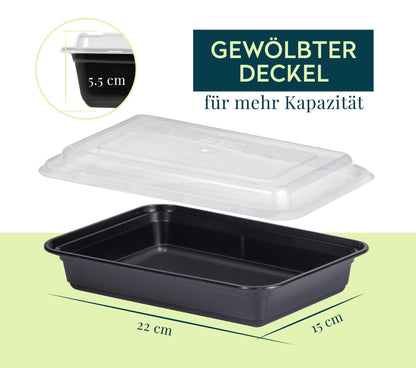 FITPREP Meal Prep Behälter mit gewölbtem Deckel zur Volumenerweiterung. Höhe des Behälters 5,5 cm, Maße 22 cm x 15 cm – ideal für größere Portionen.