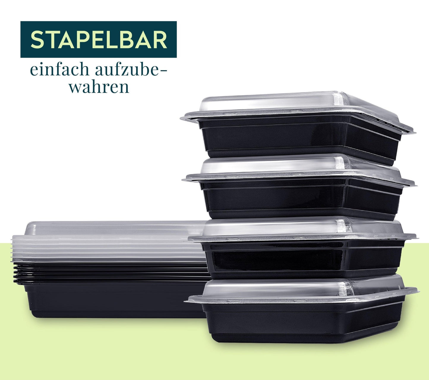 Vier FITPREP Meal Prep Boxen mit transparentem Deckel ordentlich gestapelt. Text: „Stapelbar – einfach aufzubewahren“.