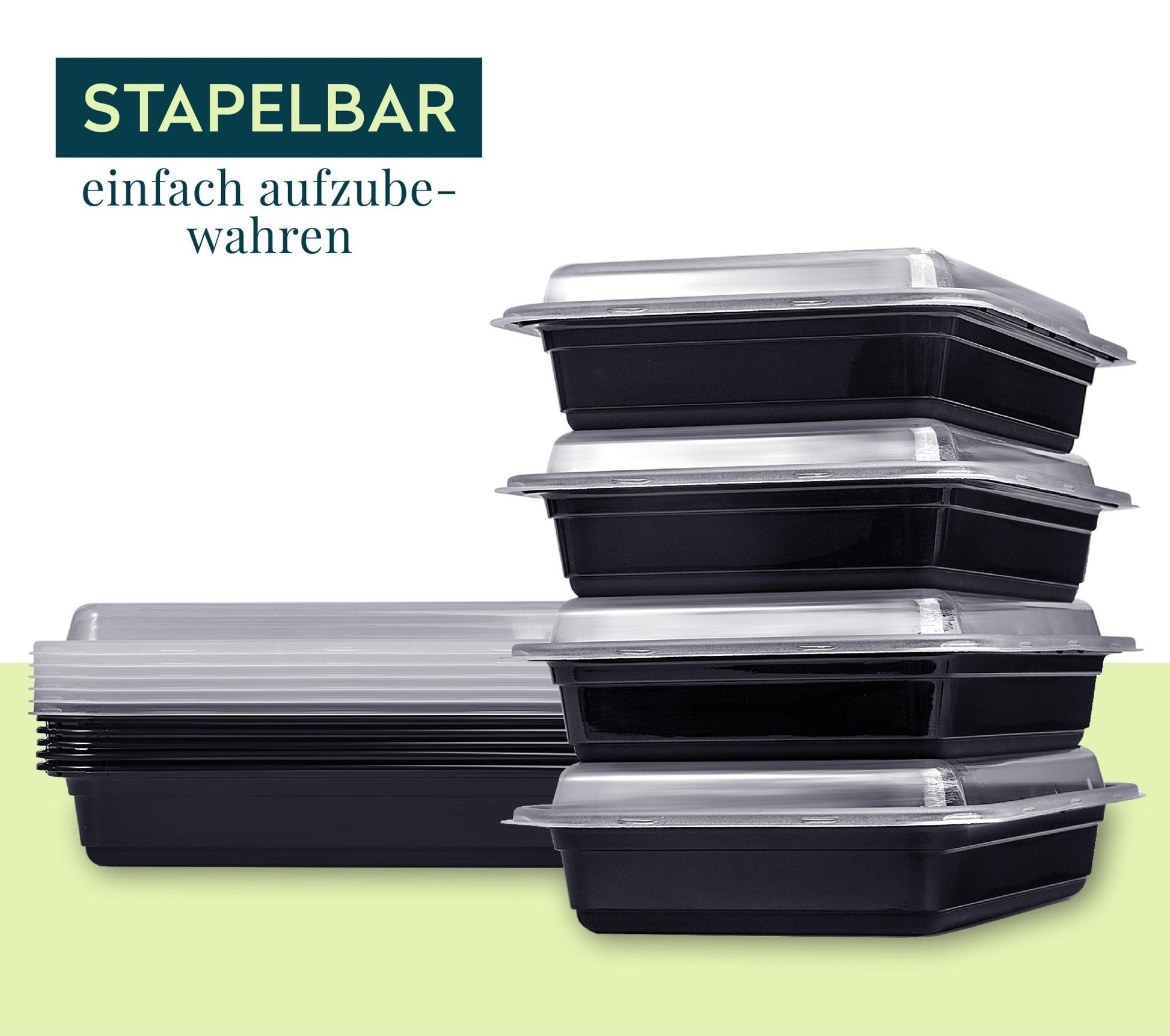 Vier FITPREP Meal Prep Boxen mit transparentem Deckel ordentlich gestapelt. Text: „Stapelbar – einfach aufzubewahren“.