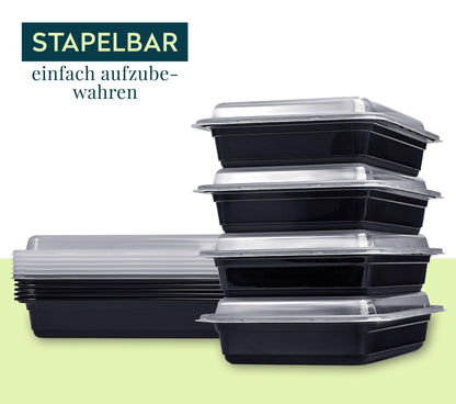 Vier FITPREP Meal Prep Boxen mit transparentem Deckel ordentlich gestapelt. Text: „Stapelbar – einfach aufzubewahren“.