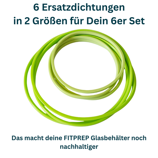 Sechs Ersatzdichtungen für FITPREP Glasbehälter in zwei verschiedenen Größen. Text: „6 Ersatzdichtungen in 2 Größen für dein 6er Set – Das macht deine FITPREP Glasbehälter noch nachhaltiger“.