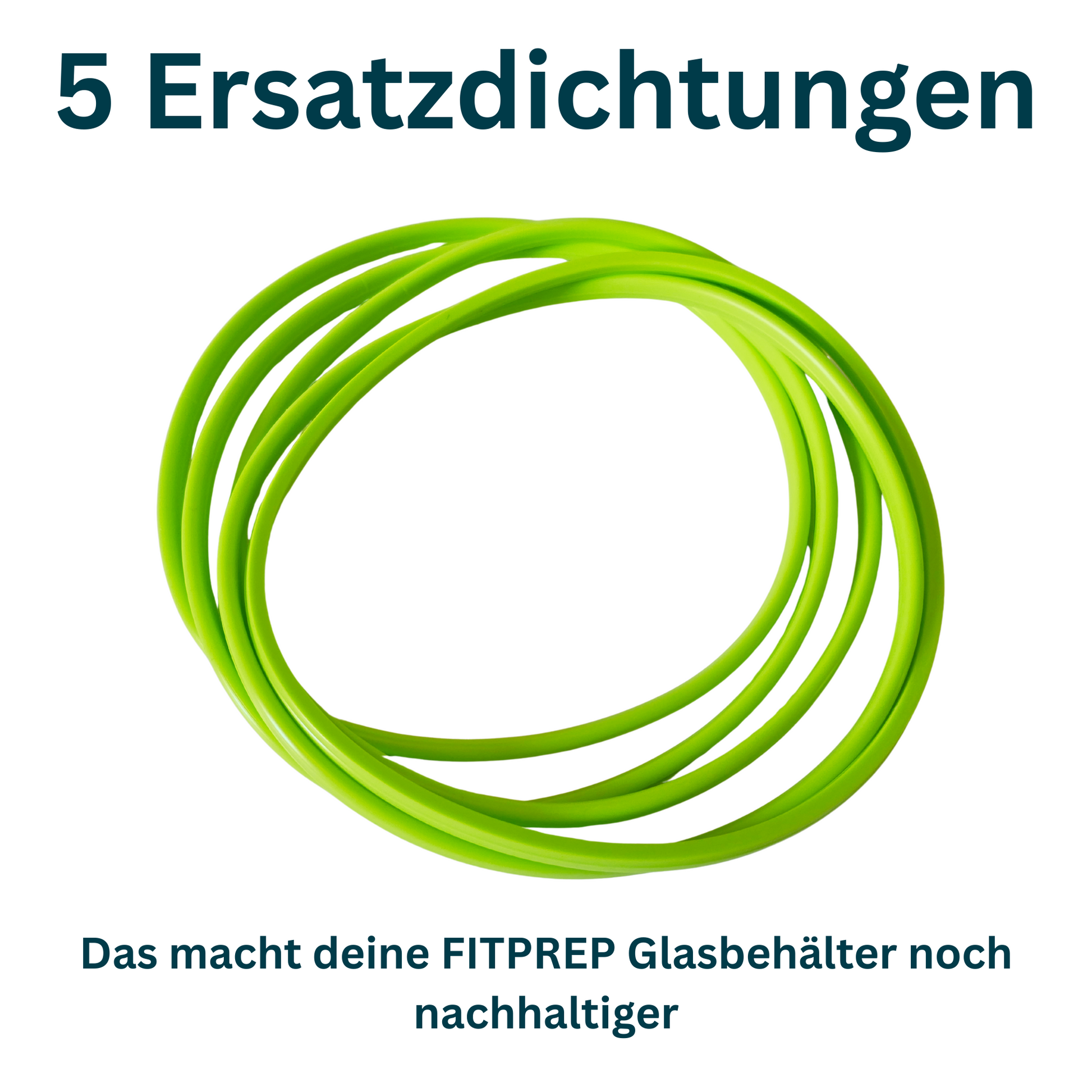 Nahaufnahme von fünf grünen Ersatzdichtungen für FITPREP Glasbehälter, mit Text: „5 Ersatzdichtungen – Das macht deine FITPREP Glasbehälter noch nachhaltiger“.