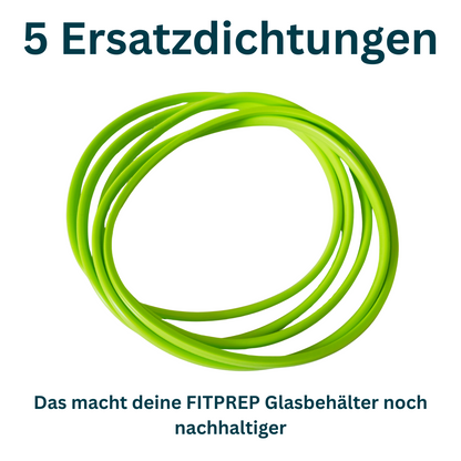 Nahaufnahme von fünf grünen Ersatzdichtungen für FITPREP Glasbehälter, mit Text: „5 Ersatzdichtungen – Das macht deine FITPREP Glasbehälter noch nachhaltiger“.