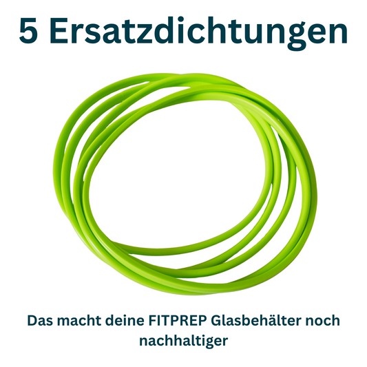 Nahaufnahme von fünf grünen Ersatzdichtungen für FITPREP Glasbehälter, mit Text: „5 Ersatzdichtungen – Das macht deine FITPREP Glasbehälter noch nachhaltiger“.