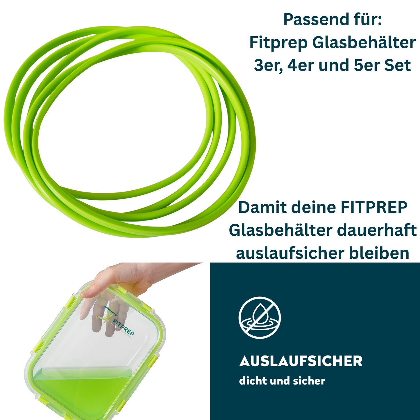 Fünf grüne Ersatzdichtungen für FITPREP Glasbehälter, passend für 3er, 4er und 5er Set. Darunter eine Hand, die einen gefüllten Behälter hält, mit Hinweis auf Auslaufsicherheit.
