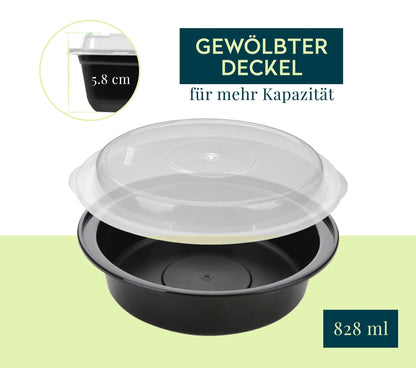 FITPREP Rundbehälter mit gewölbtem Deckel für mehr Volumen. Höhe des Behälters: 5,8 cm, Fassungsvermögen: 828 ml. Text: „Gewölbter Deckel für mehr Kapazität“.