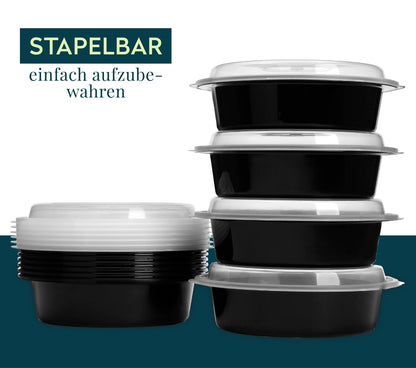 Runde FITPREP Behälter mit Deckel ordentlich gestapelt. Auf der linken Seite ein kompakter Stapel, rechts vier übereinander gestapelte Einzelboxen. Text: „Stapelbar – einfach aufzubewahren“.